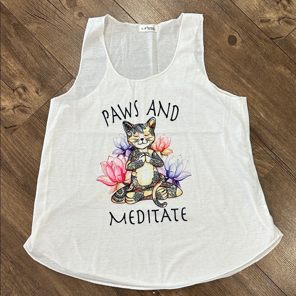 Paws and Meditate Cat Tank Top - White